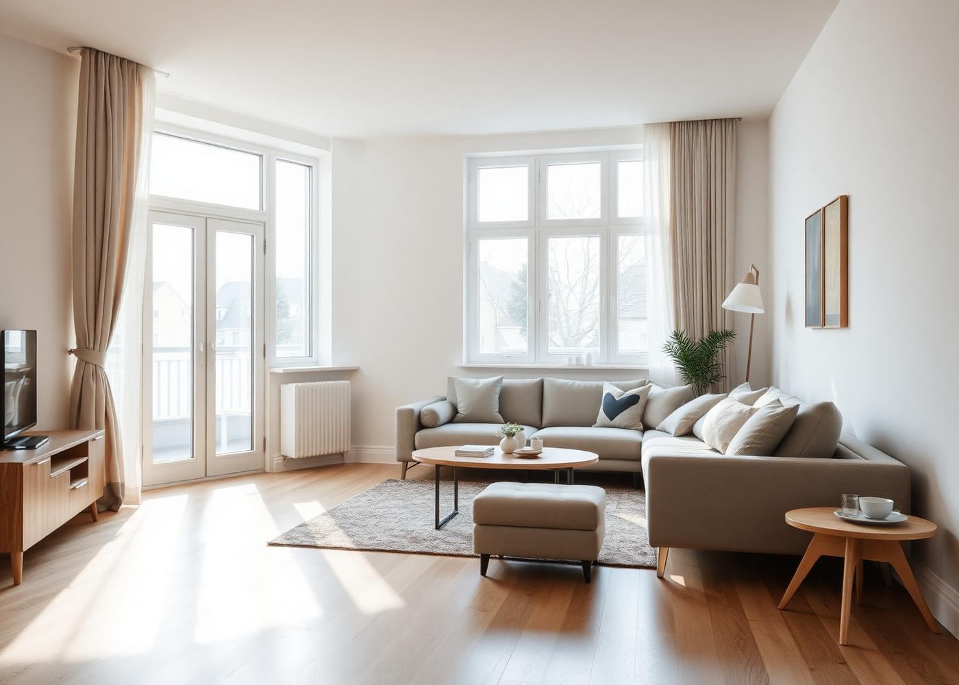 Jasny salon z szarą narożną sofą, dębową podłogą i drzwiami balkonowymi